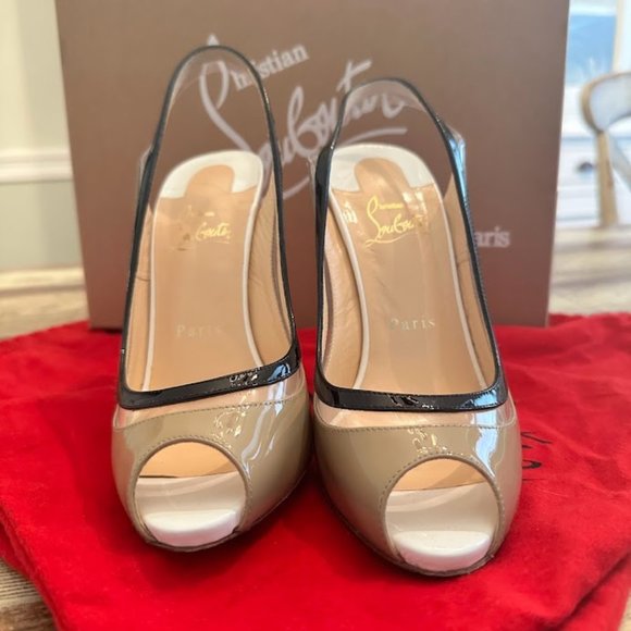 Christian Louboutin Gospell 120 Patent/PVC Beige Tricolor Slingback Pumps Sz 38